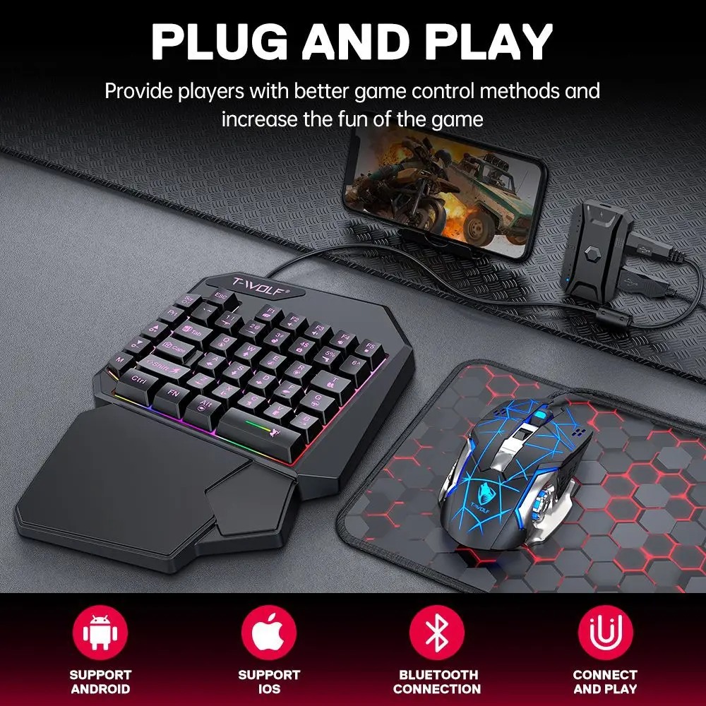 Gaming Keyboard 1 Hand - 5 in 1 RGB ゲーミングキーボードマウスコンボ片手コントローラーコンバーター有線低遅延 PUBG