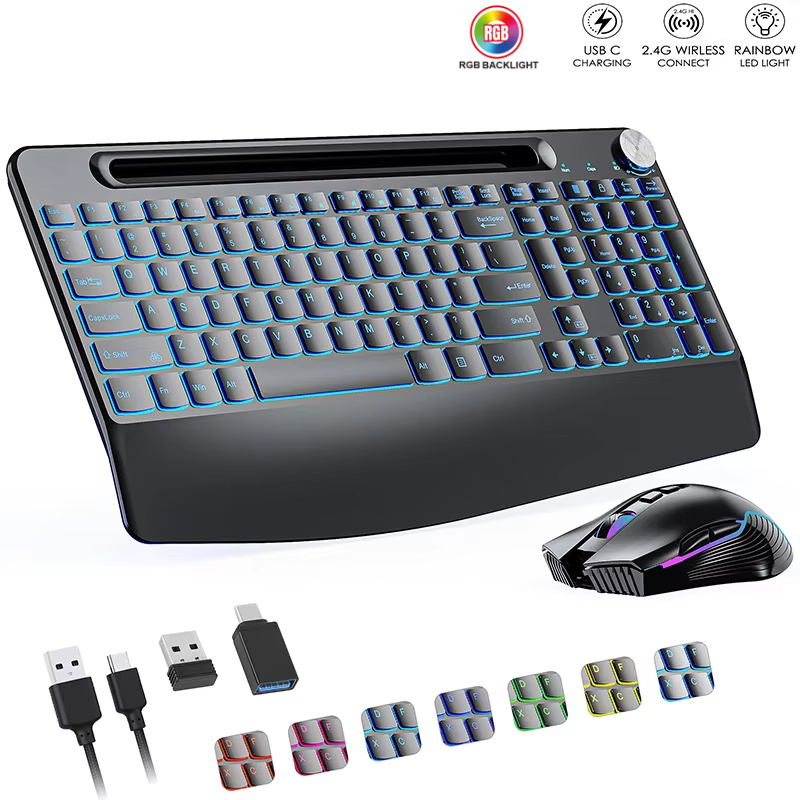 Gaming Keyboard And Mouse Combo Wireless - ワイヤレスキーボードとマウスのセットCタイプ,リストレスト付き,RGBバックライト,PC,ラップトップ,ウィンドウ,ジグラー用の充電式サイレントセット,2.4g