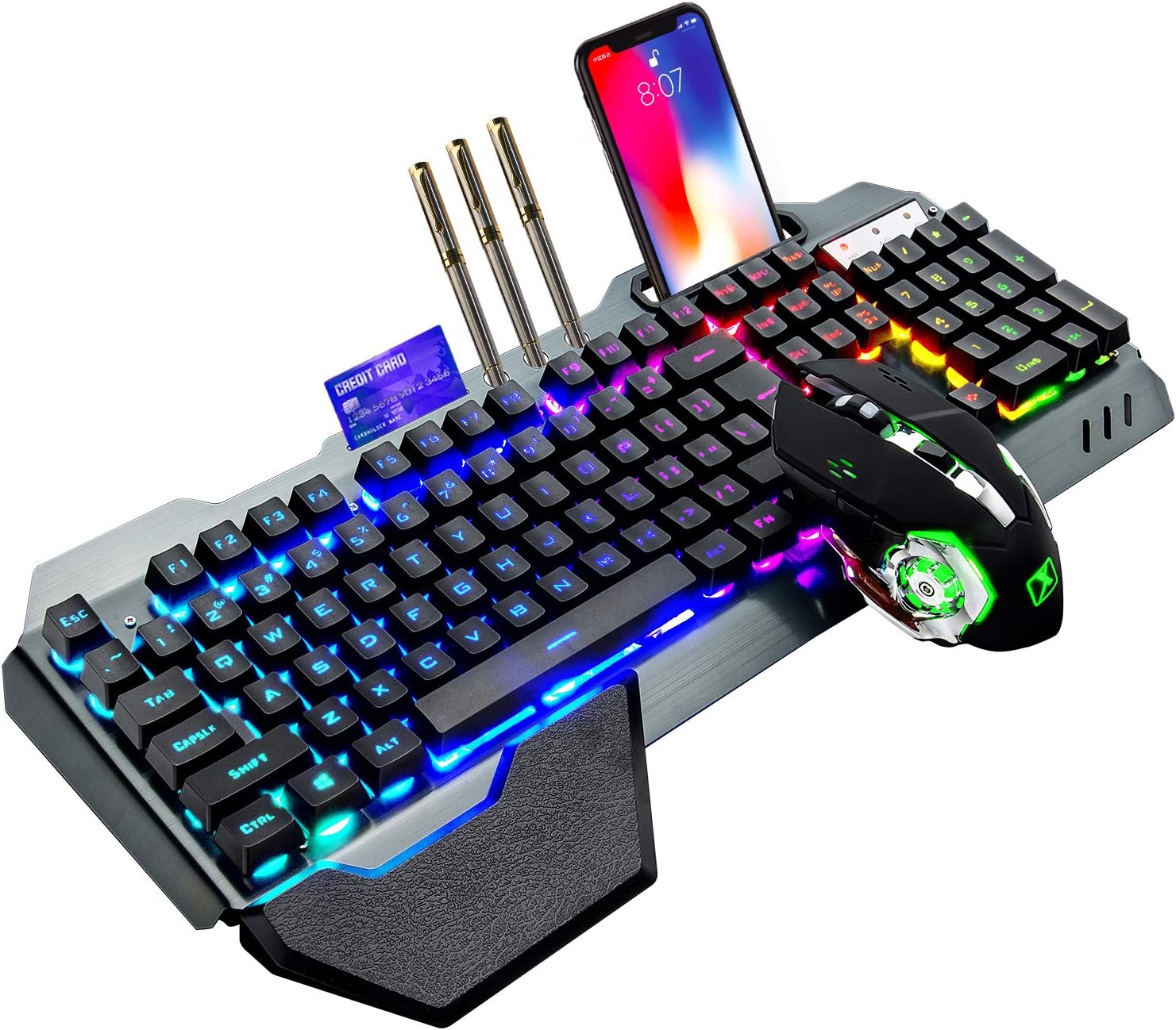 Gaming Keyboard Extension - K680ワイヤレスゲーミングキーボードとマウスの組み合わせ、レインボーLEDバックライト付きキーボード、充電式3800mAhバッテリー、金属パネル