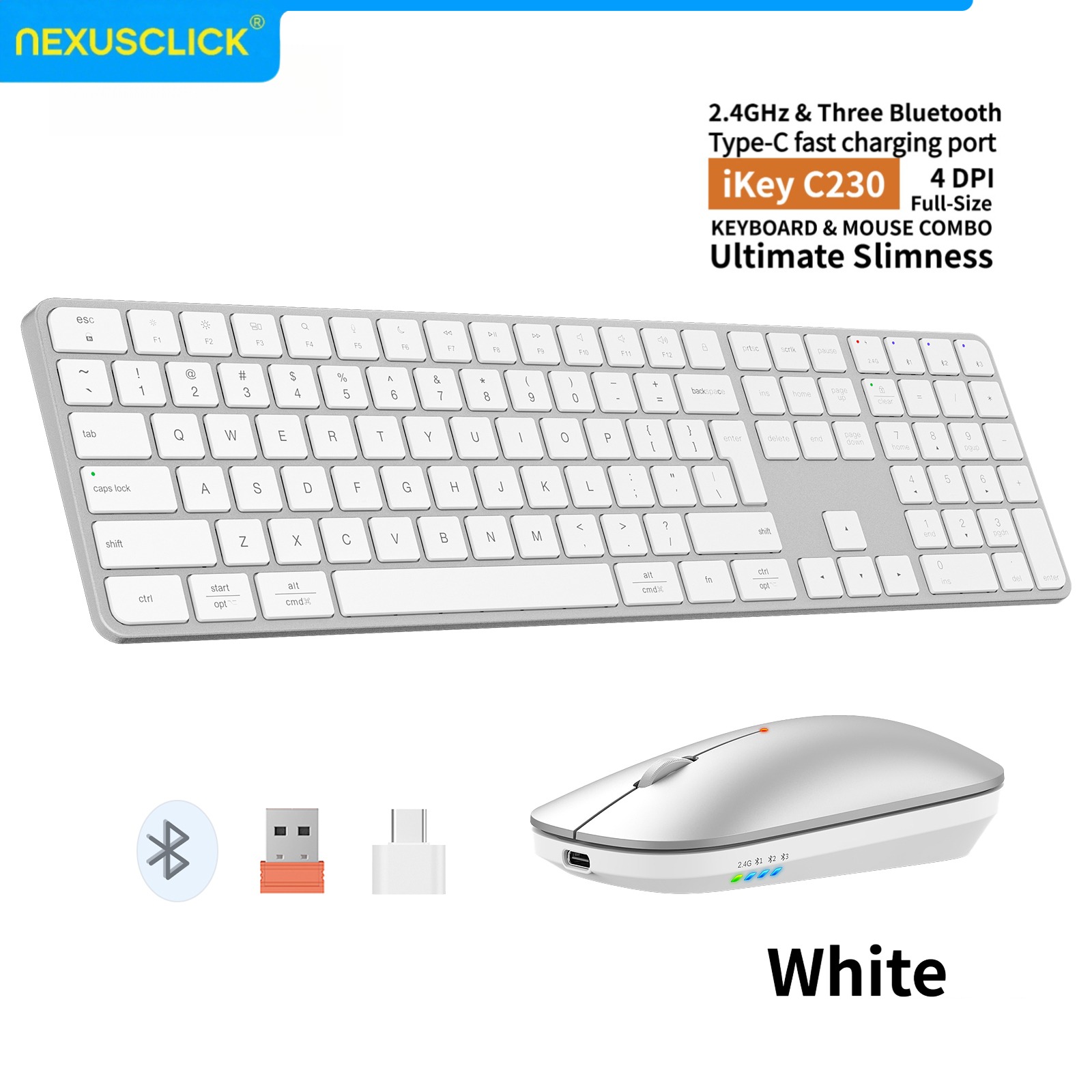 Gaming Keyboard And Mouse Combo Wireless - NexusClick 充電式ワイヤレスキーボード・マウスコンボ、4チャンネル2.4G BT接続、スリムで静かなキー、Macオフィス向け調整可能なDPI