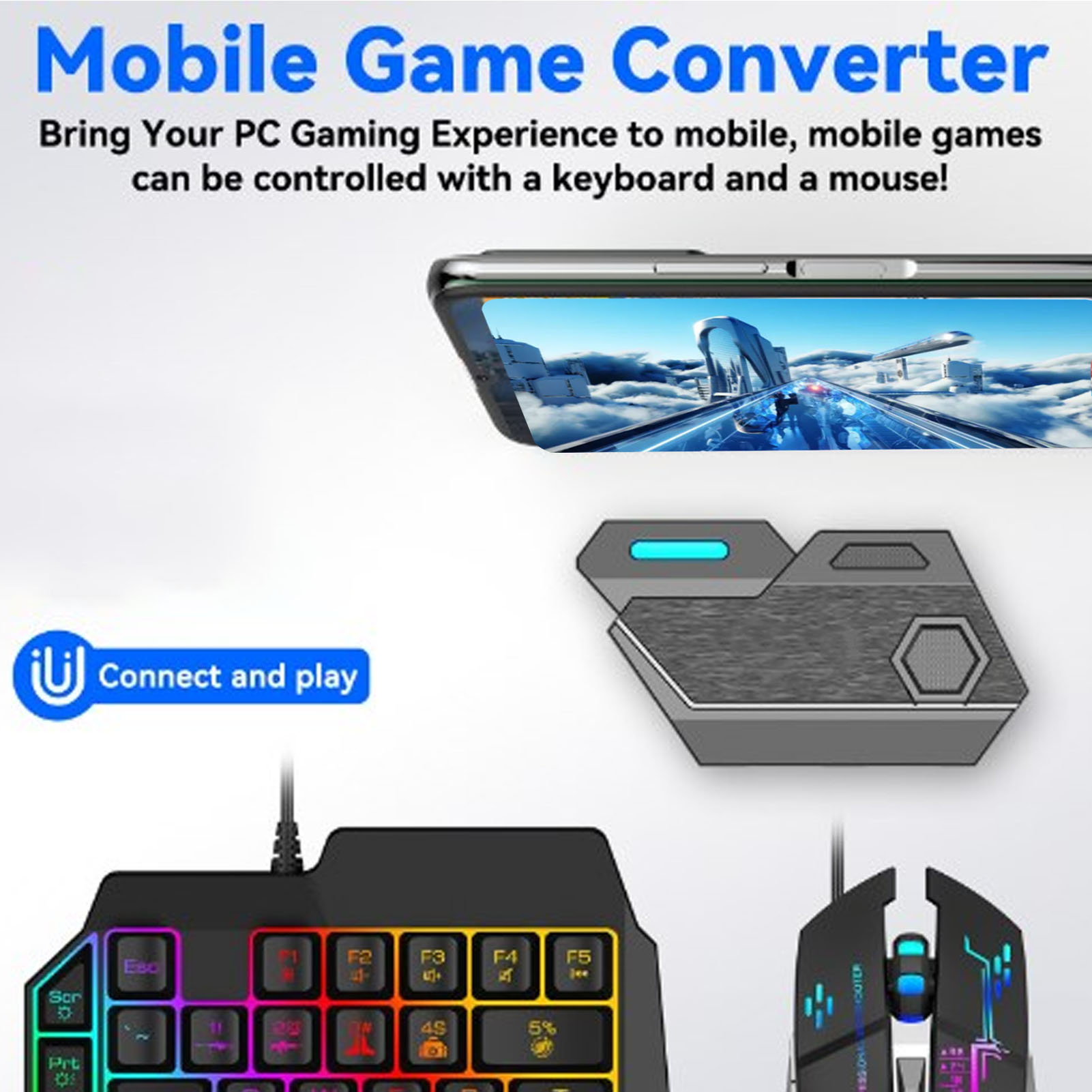 Gaming Keyboard Mouse Combo - モバイルゲームコンボパック Bluetooth接続 片手キーボードマウスコンボ ゲーム用調整可能な電話ホルダー付きで応答性が高い