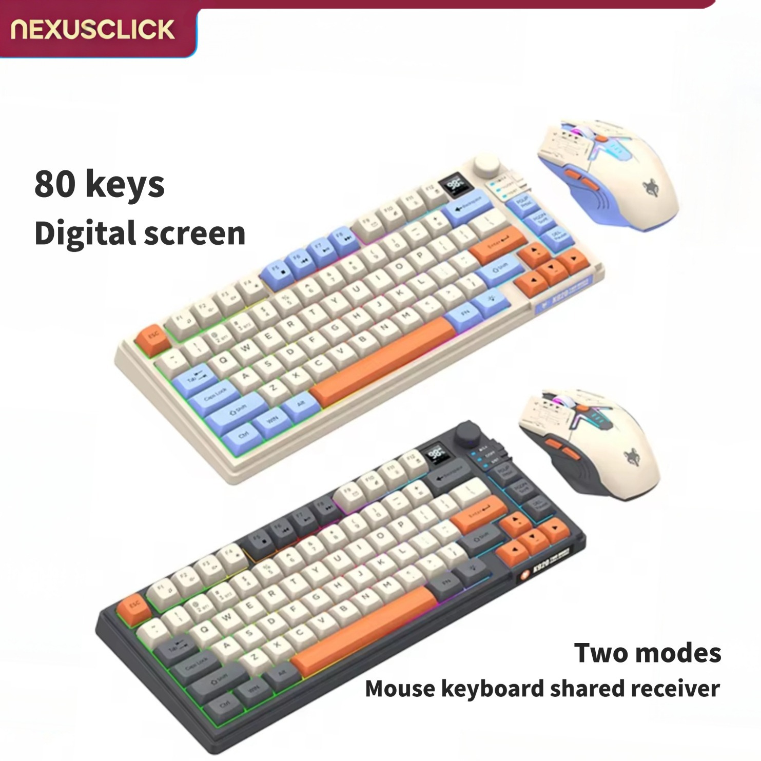 Gaming Keyboard And Mouse Combo Wireless - NexusClick デュアルモードキーボードマウスコンボ（スクリーン付き）、ミニ80キーRGBバックライト、充電式、DPI調整可能、ゲーム用長時間バッテリー