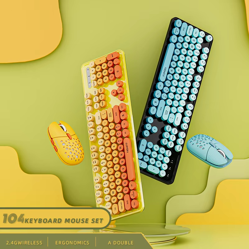 Gaming Keyboard And Mouse Combo Wireless - 104キー 2.4G ワイヤレスゲーミングキーボードマウスコンボ キュートなレトロラウンドキーキャップ 人間工学に基づいたキーボード マルチメディア機能キー付き