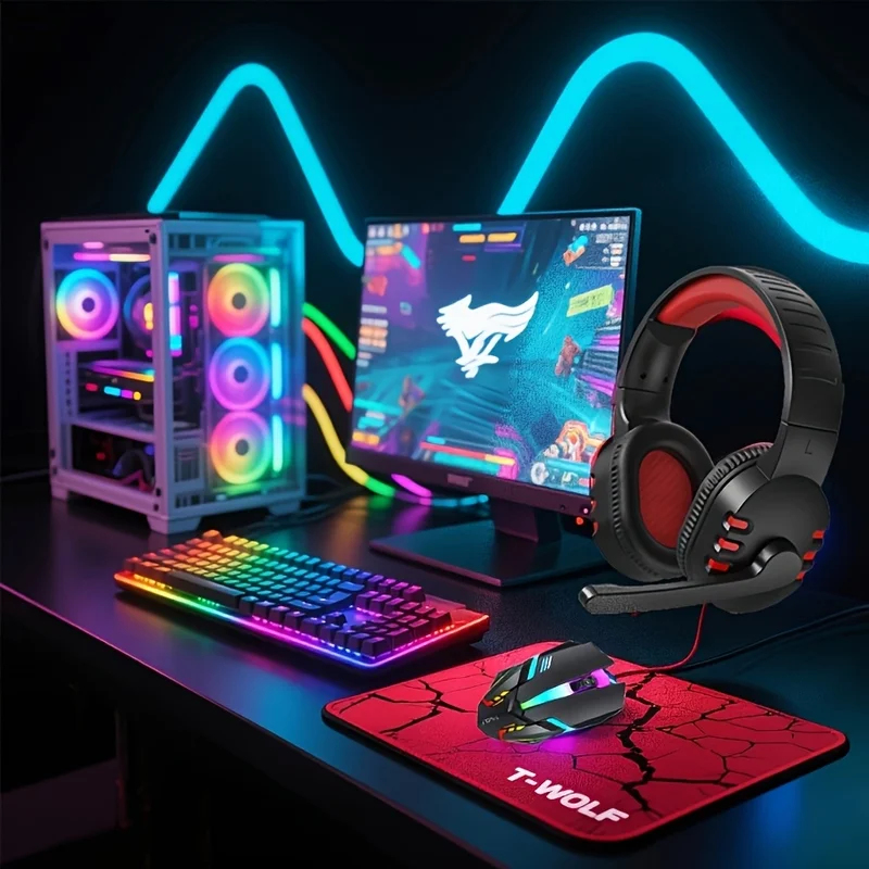 2026 4-in-1有線ゲーミングキーボード、マウス、マウ - Gaming Keyboard Mouse And Headset Combo のレビューと価格