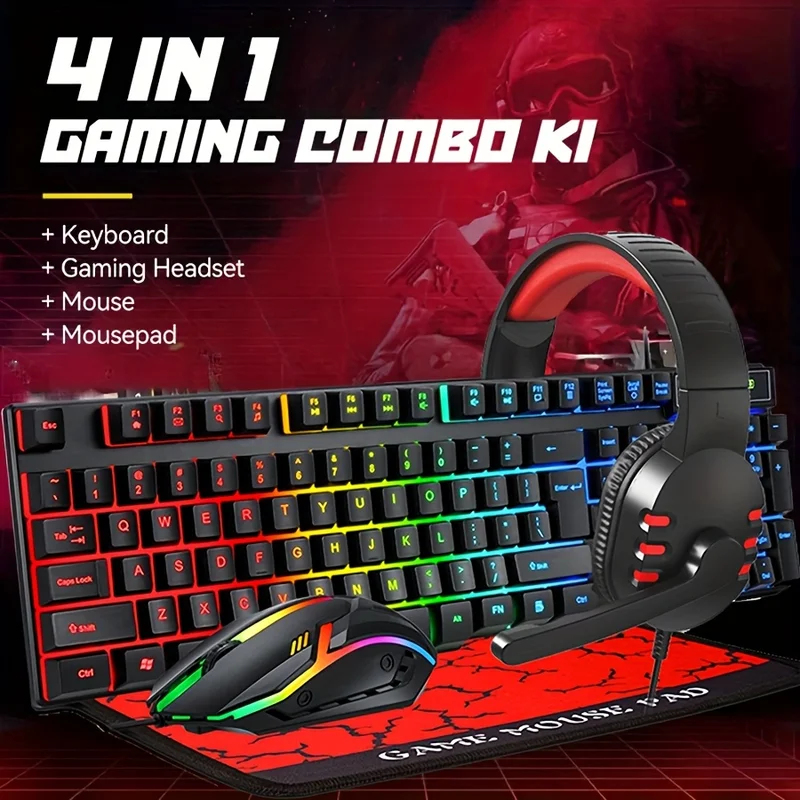 2026 4-in-1有線ゲーミングキーボード、マウス、マウ - Gaming Keyboard Mouse And Headset Combo のレビューと価格